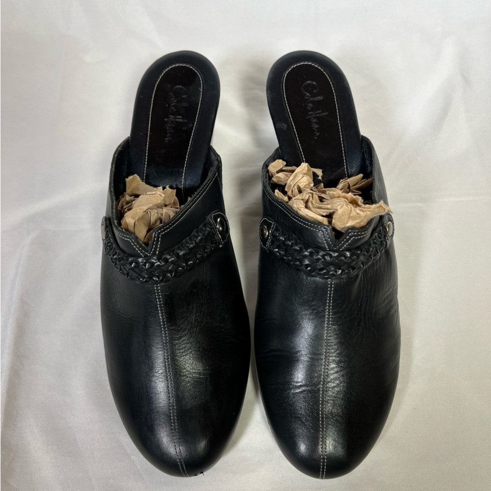 Cole Haan Black Leather Wedge Slip-On Clogs Mules Woven Strap Detail Size 9.5 - Picture 3 of 15